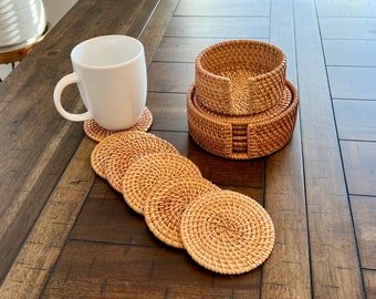 Artwork Anniversary Coaster Set of 6 with Holder Rattan Woven Drink Coffee Tea Coasters Handmade Home Decor Birthday Gifts for Her Mom Wife