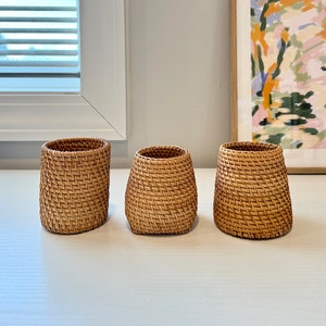 Pu&ograve; includere: Tre cesti in rattan intrecciato di diverse dimensioni. I cesti sono cilindrici e hanno un colore marrone chiaro naturale. Il motivo della tessitura &egrave; stretto e uniforme, conferendo loro un aspetto strutturato. Sono disposti su una superficie bianca.