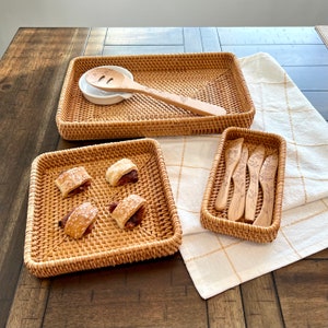 Rattan Woven Trays Baskets Wicker Wooden Serving Tray Fruits Basket Rectangular Dry Fruit Platter Montessori Tray Bread Storage Baskets Bins image 5