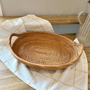 Cesto rustico intrecciato, decorazione africana con manici per la raccolta natalizia, contenitore per la casa, grande vassoio da portata ovale in vimini decorativo con manici