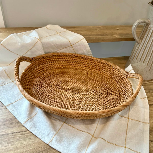 Rustic Woven Basket African Decor with Handles for Christmas Gathering Home Storage Large Oval Wicker Decorative Serving Tray with Handles