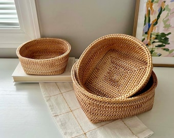 Woven Rattan Basket Small Storage Container Scallop Rattan Storage Box Handmade Kitchen Fruit Bread Storage Bins Housewarming Birthday Gifts