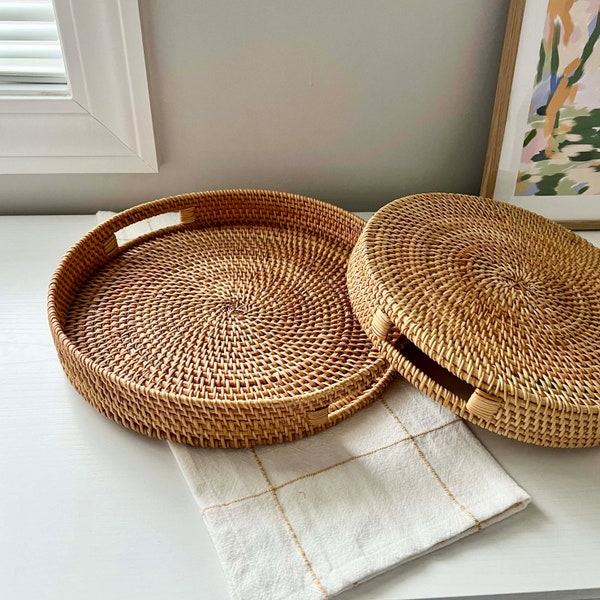 Decorative Trays for Coffee Table Decor Round Tea Tray with Handle Ottoman Serving Tray Catch All Rolling Tray Rattan Fruits Storage Basket