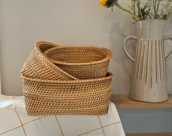 Rattan Storage Basket African Decorative Bowls for Candle Handmade Rattan Wood Weaving Fruit Snack Serving Bowl Set Christmas Gifts for Wife