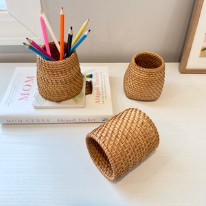 Pu&ograve; includere: Tre portapenne in rattan intrecciato. Un supporto contiene matite colorate. &Egrave; visibile un libro con il titolo "MOM" e l'autrice "Abigail Tucker". I portapenne sono su una superficie bianca.