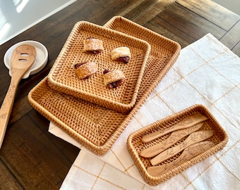 Rectangular Woven Trays Natural Rattan Wooden Decorative Serving Baskets Dry Fruit Platter Bread Storage Bins S M L or Set of 3 Serving Tray