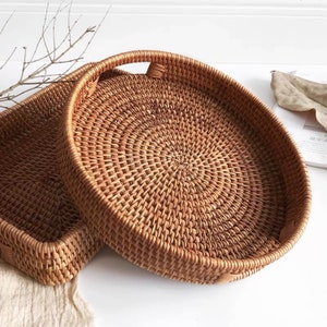 Coffee Table Tea Trays with Handles Ottoman Decorative Wooden Trays Catch All Rolling Tray Set Rattan Woven Bread Serving Fruits Baskets