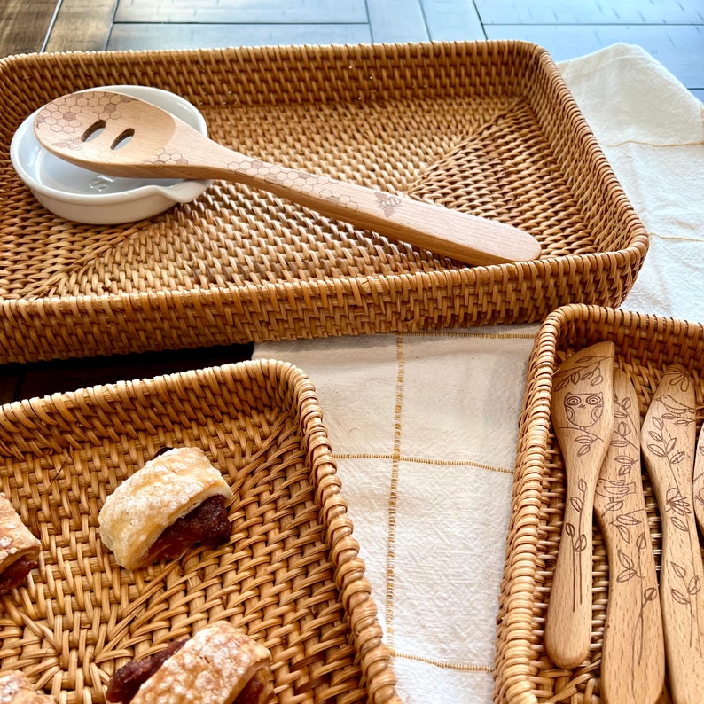 Rattan Woven Trays Baskets Wicker Wooden Serving Tray Fruits Basket Rectangular Dry Fruit Platter Montessori Tray Bread Storage Baskets Bins image 4