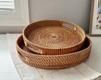 Handgeweven rotan theebladen set voor salontafel decor ontbijt dienblad met handgrepen en poef organizer perfect om alle items op te bergen