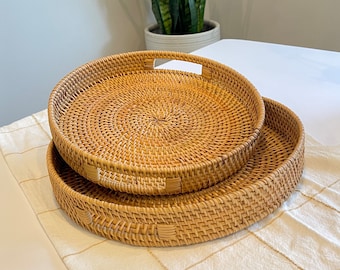 Ronde dienbladen met handgrepen Rotanhout geweven fruitmand Rustieke Ottomaanse dienbladen voor decoratie Catch All Rolling Tray Cadeaus voor haar