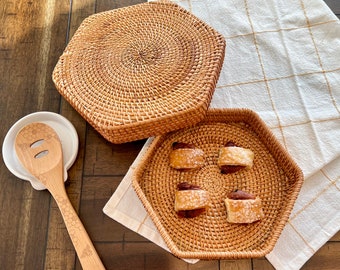 Candy Snack Tray Holiday Platter Woven Hexagonal Decorative Serving Trays Rattan Key Bowl Entryway Coffee Table Ottoman Tray Set Living Room