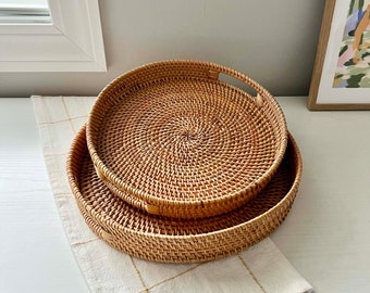 Coffee Table Tea Trays with Handles Ottoman Decorative Wooden Trays Catch All Rolling Tray Set Rattan Woven Bread Serving Fruits Baskets