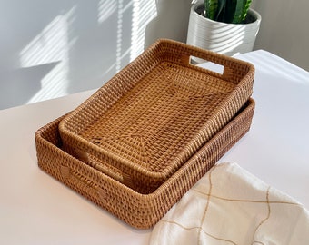 Decorative Coffee Table Tea Trays with Handles Ottoman Wooden Serving Tray Set Catch All Rectangular Rolling Tray Rattan Woven Fruit Baskets