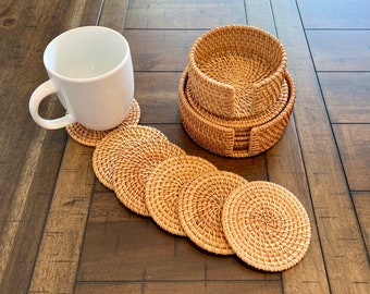 Rattan Coaster Set of 6 with Holder 4 inch 5 inch Coasters for Coffee Table Boho Tea Cup Placemat Modern Farmhouse Hand Woven Drink Coaster