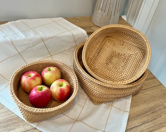 Fruits Basket Storage, Wicker Fruit Bowl, Rattan Woven Basket for Serving, Wood Serving Tray, Vegetable Bread Storage Bin, Housewarming Gift