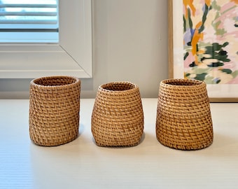 Portabicchieri per penna, matita, pennarello, pennello, per scrivania da ufficio, portacandele in legno di rattan intrecciato, regalo di Natale per lui e papà.