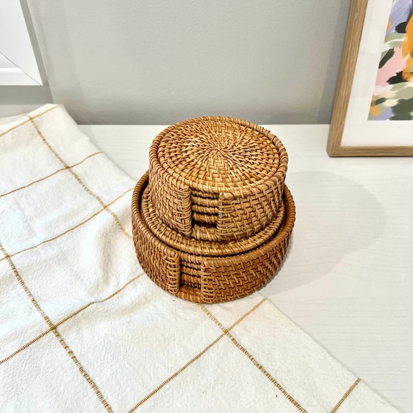 handmade coasters for home decoration set 6 with holder 4in 5in modern drink coaster housewarming gift for her rattan wood personal coasters