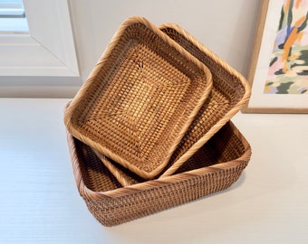 Halloween Candy Basket Set Gift for Mom Thanksgiving Christmas Gift Basket Rectangle Rattan Woven Fruits Basket Bread Vegetable Storage Bin