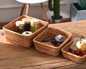 Handwoven Storage Basket Tray Set of 3, Wicker Rectangular Basket for Storage Organizing Rustic Rattan Wooden Fruit Bowl Housewarming Gift