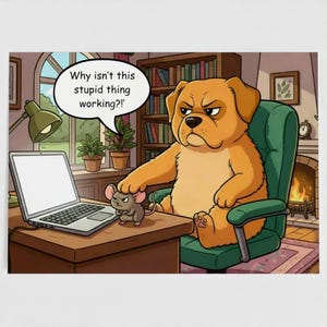 May include: A humorous cartoon shows a grumpy dog in a green chair, staring at a laptop. A mouse is on the desk. A speech bubble reads, 'Why isn't this stupid thing working?!' The scene includes a bookshelf, window, and fireplace.