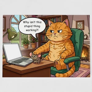 May include: A cartoon illustration of an orange tabby cat sitting in a green chair at a desk, looking frustrated at a laptop. A small grey mouse stands on the desk next to the cat. A speech bubble above the cat contains the text, Why isn't this stupid thing working?!