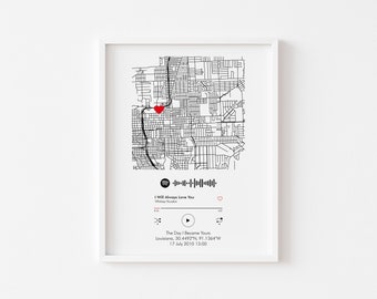 Spotify Song Print, Engagement gift, Map Print, Location, Favorite song, Gift For Couples