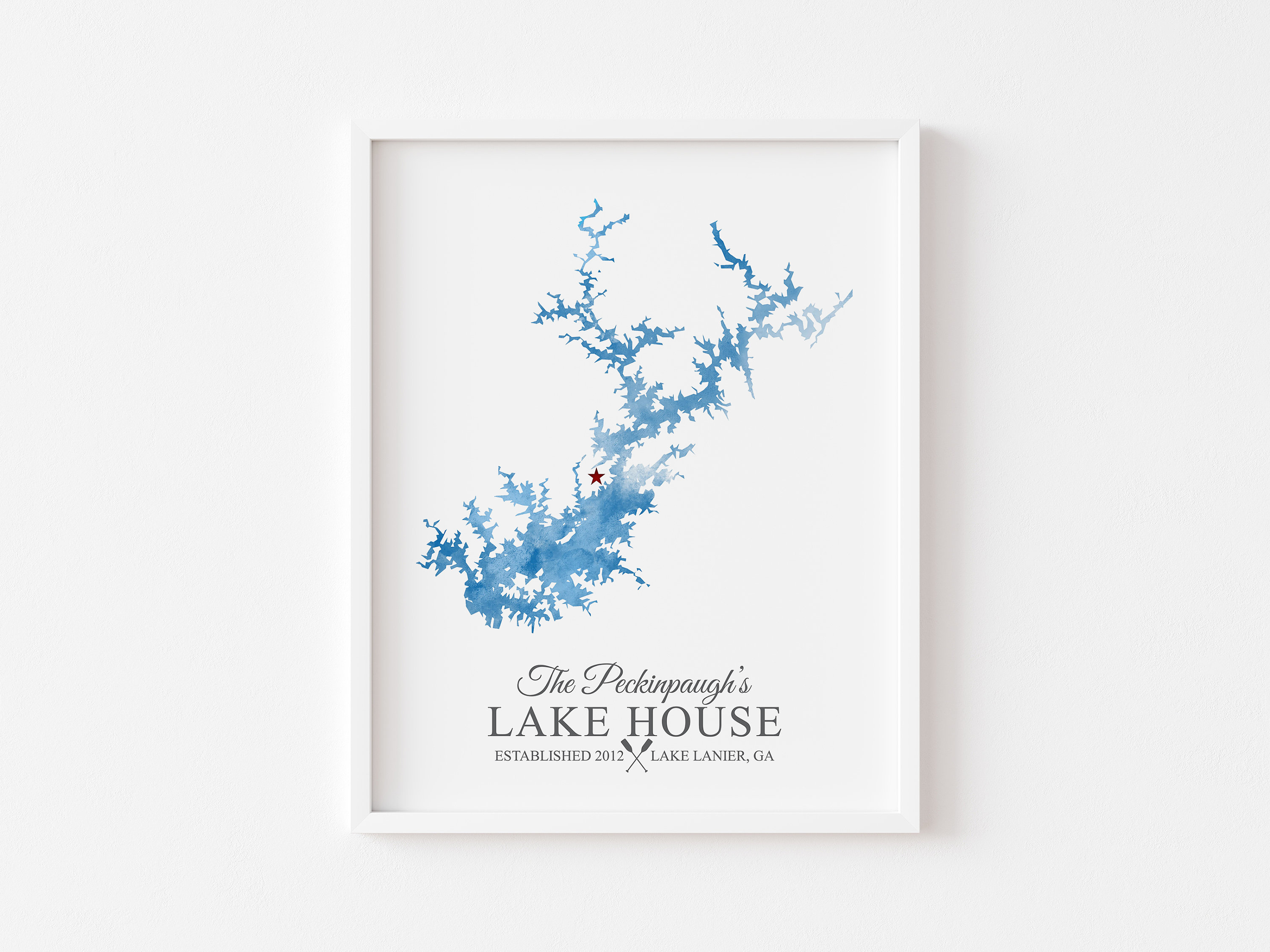 Framed Map of Lake Lanier, United States Watercolor Lake Map