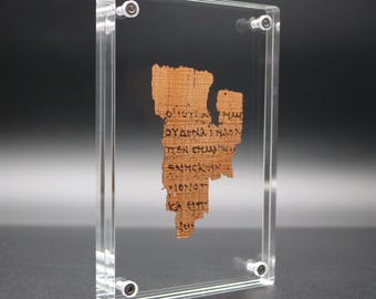 Papyrus 52 (P52) Manuscript Replica | Floating Acrylic Frame | Early New Testament Fragment | Front & Back View Display