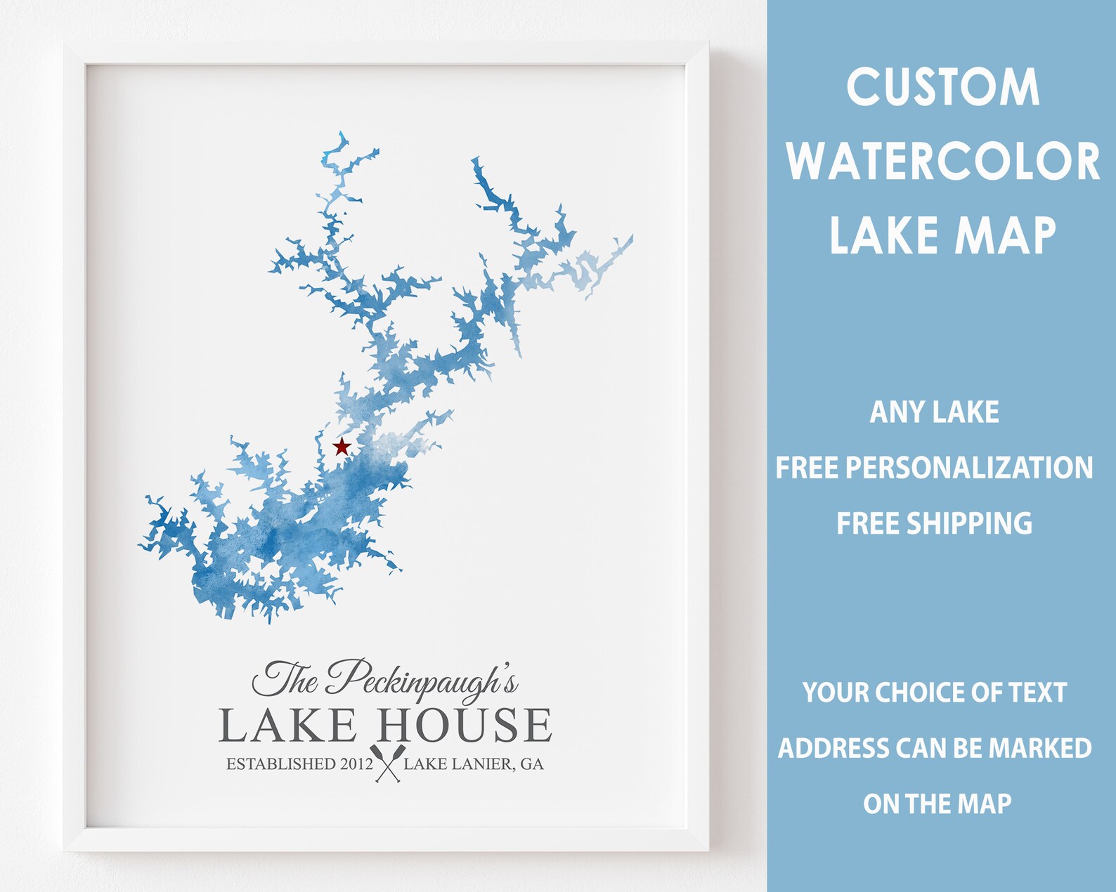 Framed Map of Lake Lanier, United States Watercolor Lake Map