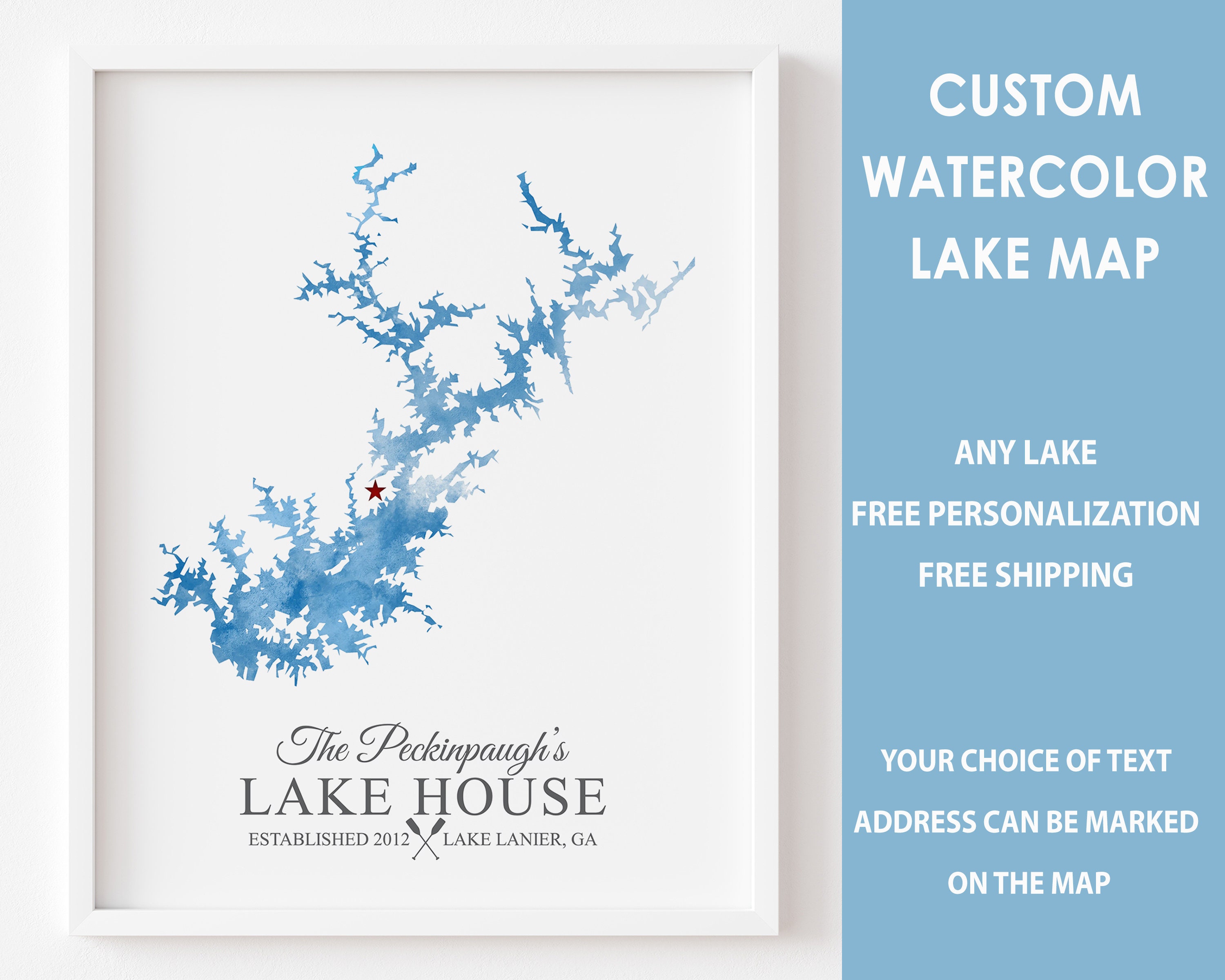 Framed Map of Lake Lanier, United States Watercolor Lake Map