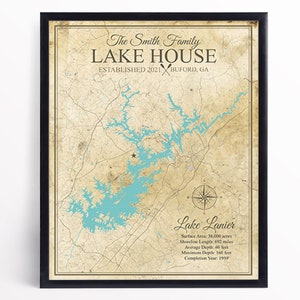 Antique Lake Map, Personalized, Lake house gift, Lakehouse Decor, Framed Print, Wall Art