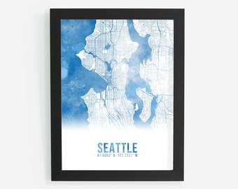 Seattle City Map, Street Map, Watercolor, Custom Map, Any City, Map Art