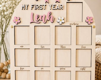 Personalized First Year Baby Photo Board | Laser-Cut Wood Keepsake, Nursery Decor