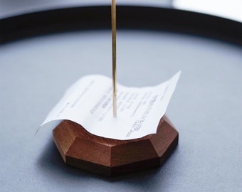 Table Receipt Spike, Octagon Walnut Base Office Paper Spike, Ticket Memo Note desk Letter Spike with Holder, Collectible Metal Spike