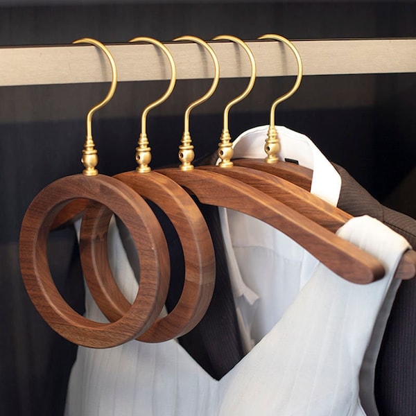 Vintage Clothes Hanger with Brass Hooks and Walnut Wood, Perfect for Weddings and Scarf Display