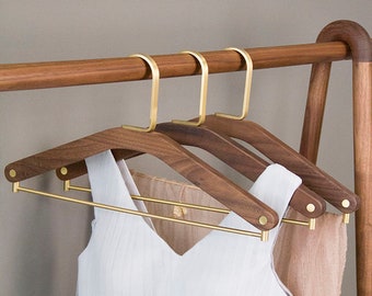 Elegant Dark Wood Trouser Hanger | Brass Hooks | Unisex Garment Display | Premium Home Decor