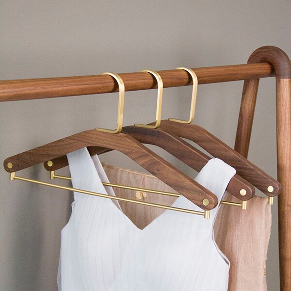 Elegant Dark Wood Trouser Hanger | Brass Hooks | Unisex Garment Display | Premium Home Decor