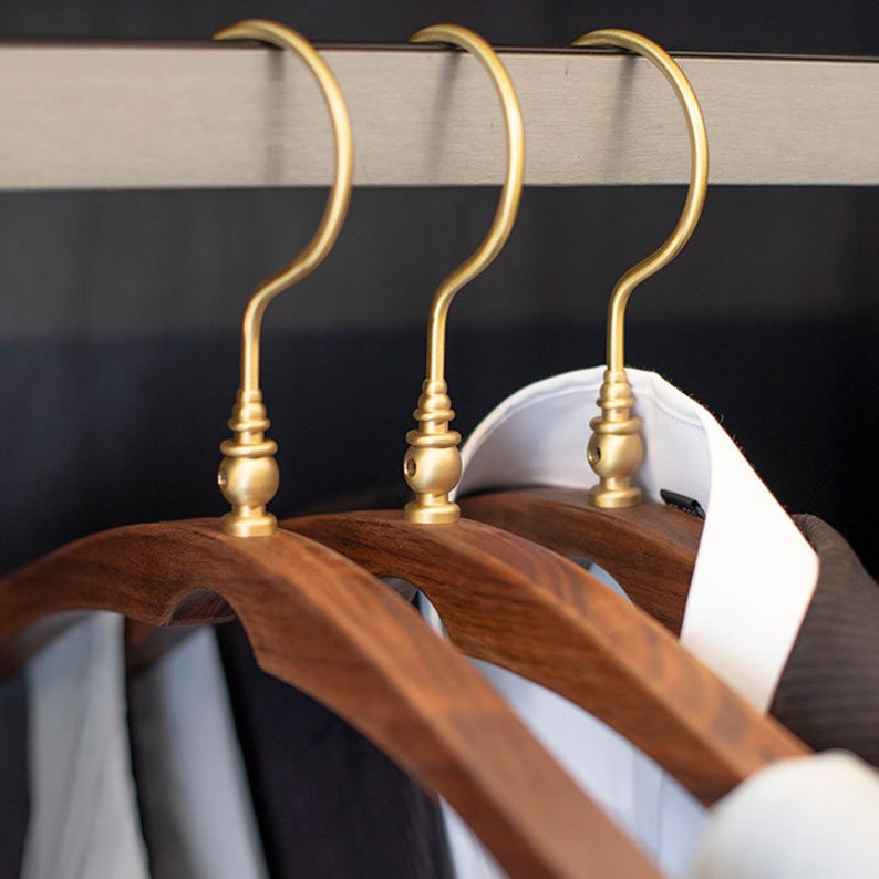 Vintage Clothes Hanger with Brass Hooks and Walnut Wood, Perfect for Weddings and Scarf Display image 4