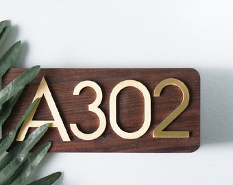 Modern walnut and brass house numbers |  Wood Address plaques for outside | House Mailbox Address Numbers | Address sign | Housewarming gift