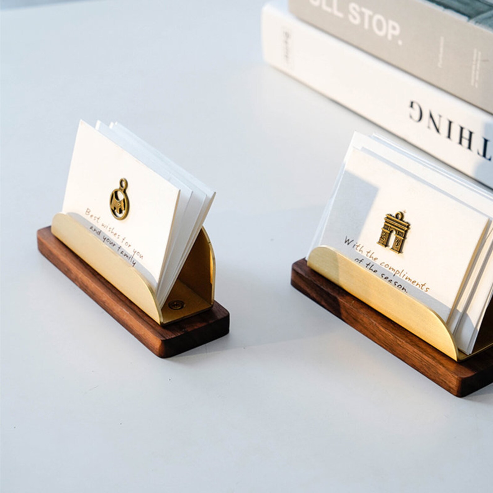 Business Card Holder Stand Vintage Gold Brass Wooden Metal Name Card