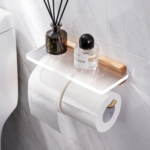 Wood Toilet Paper Holder With Shelf, Wall Mounted Modern Bathroom Wall Decor