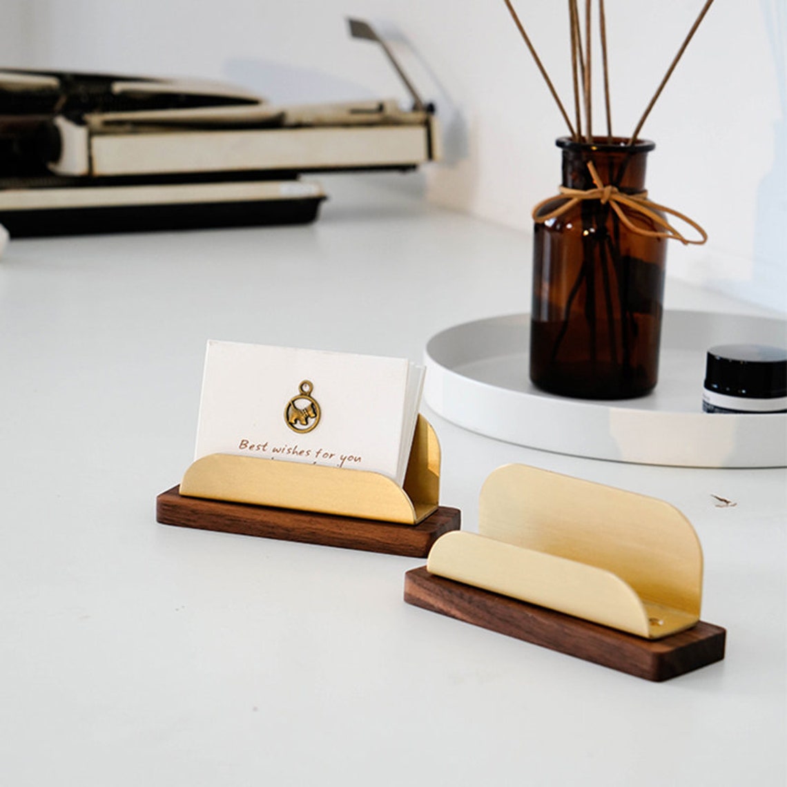 Business Card Holder Stand Vintage Gold Brass Wooden Metal Name Card