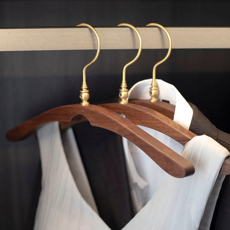Vintage Clothes Hanger with Brass Hooks and Walnut Wood, Perfect for Weddings and Scarf Display image 2