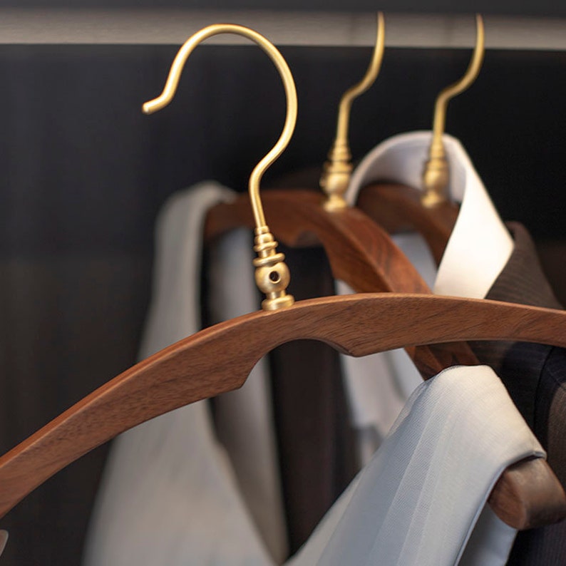 Vintage Clothes Hanger with Brass Hooks and Walnut Wood, Perfect for Weddings and Scarf Display image 3