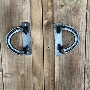 May include: Two black horseshoe door handles mounted on a wooden door.