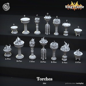 May include: A set of 9 different styles of tabletop torches, including a variety of designs and sizes. The torches are made of a light gray material and are all lit with flames.