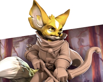 May include: A detailed figurine of a fox-like character in a hooded cloak, holding a bow and arrow. The figure has yellow and white fur, with a determined expression. The bow is drawn, suggesting action. The overall design has a fantasy theme.
