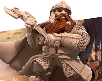 Könnte beinhalten: Eine Miniaturfigur eines Zwergenkriegers, bemalt in einem braunen und roten Farbschema. Der Zwerg trägt eine Kettenrüstung, einen Helm und einen Umhang. Er hält eine große Axt in seiner rechten Hand. Die Figur steht auf einem felsigen Sockel.