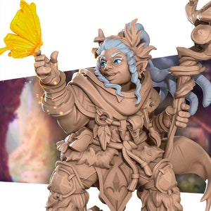 May include: A detailed figurine of a fantasy character with blue hair and a staff. The character is wearing a detailed outfit and holding a yellow butterfly. The figurine has a whimsical and detailed design.