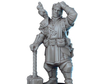 May include: A gray plastic miniature figurine of a steampunk character wearing a goggles and a tool belt. The character is holding a hammer in their right hand and has a backpack on their back. The figurine is standing on a black base.
